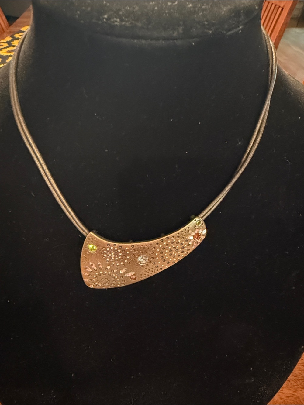 Chico's Gold-Tone Crescent Pendant Necklace with Green and Clear Accents